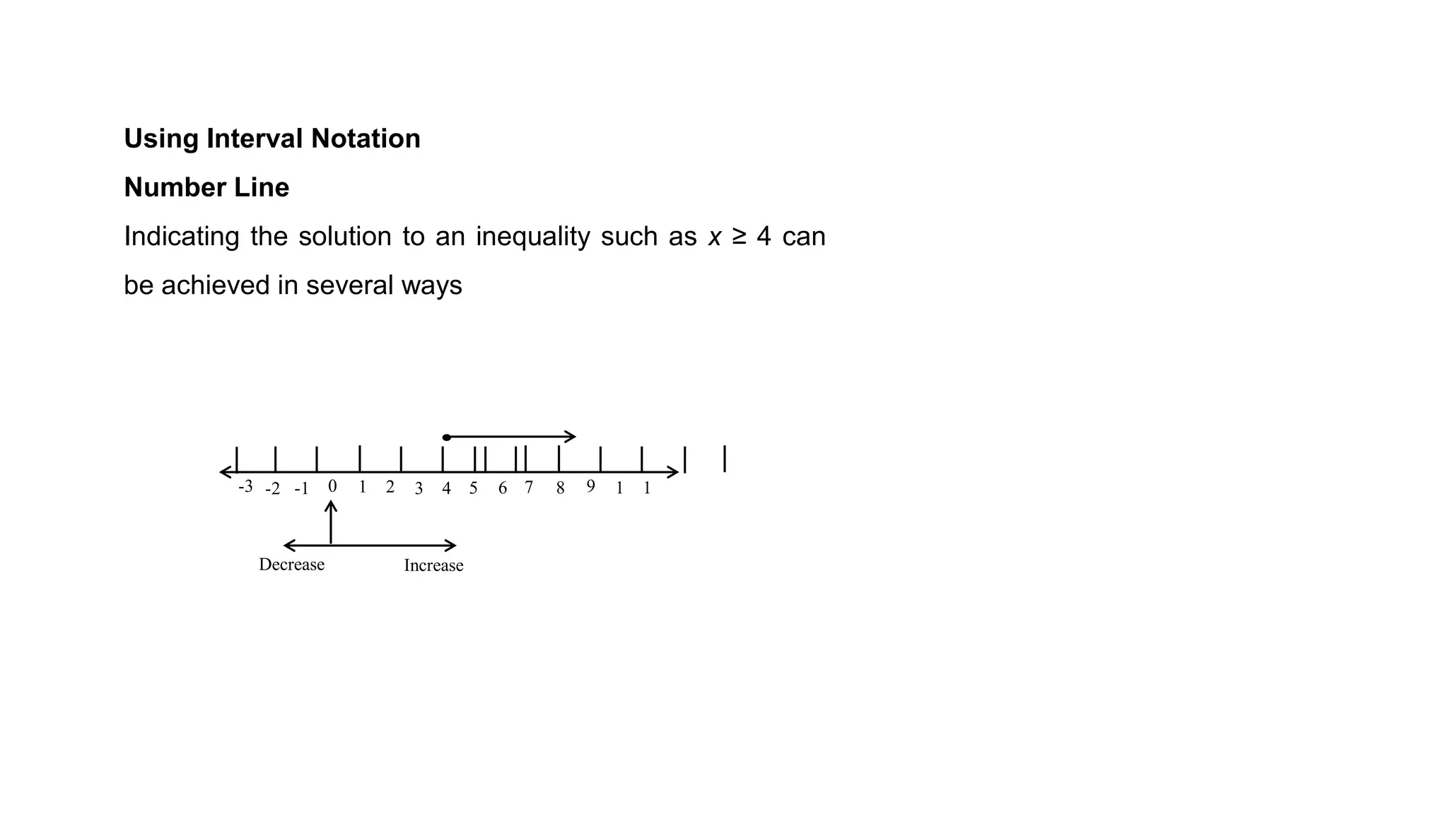 Using Interval Notation
Number Line
Indicating the solution to an inequality such as x ≥ 4 can
be achieved in several ways
5 6 7 8 9 1 1
-2 -1 0 1 2 3 4
-3
Decrease Increase
 