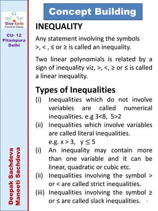 Concept Building
2
INEQUALITY
Any statement involving the symbols
>, < , ≤ or ≥ is called an inequality.
Two linear polynomials is related by a
sign of inequality viz, >, <, ≥ or ≤ is called
a linear inequality.
Types of Inequalities
(i) Inequalities which do not involve
variables are called numerical
inequalities. e.g 3<8, 5>2
(ii) Inequalities which involve variables
are called literal inequalities.
e.g. x > 3, y ≤ 5
(i) An inequality may contain more
than one variable and it can be
linear, quadratic or cubic etc.
(ii) Inequalities involving the symbol >
or < are called strict inequalities.
(iii) Inequalities involving the symbol ≥
or ≤ are called slack inequalities.
CU- 12
Pitampura
Delhi
 