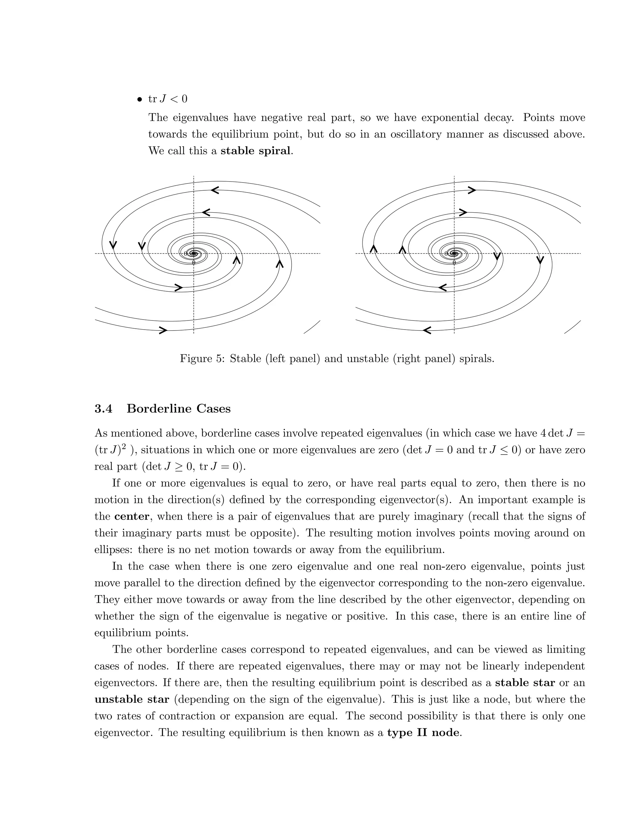 • tr J  0
The eigenvalues have negative real part, so we have exponential decay. Points move
towards the equilibrium point, but do so in an oscillatory manner as discussed above.
We call this a stable spiral.
0
0
0
0
Figure 5: Stable (left panel) and unstable (right panel) spirals.
3.4 Borderline Cases
As mentioned above, borderline cases involve repeated eigenvalues (in which case we have 4 det J =
(tr J)2 ), situations in which one or more eigenvalues are zero (det J = 0 and tr J ≤ 0) or have zero
real part (det J ≥ 0, tr J = 0).
If one or more eigenvalues is equal to zero, or have real parts equal to zero, then there is no
motion in the direction(s) defined by the corresponding eigenvector(s). An important example is
the center, when there is a pair of eigenvalues that are purely imaginary (recall that the signs of
their imaginary parts must be opposite). The resulting motion involves points moving around on
ellipses: there is no net motion towards or away from the equilibrium.
In the case when there is one zero eigenvalue and one real non-zero eigenvalue, points just
move parallel to the direction defined by the eigenvector corresponding to the non-zero eigenvalue.
They either move towards or away from the line described by the other eigenvector, depending on
whether the sign of the eigenvalue is negative or positive. In this case, there is an entire line of
equilibrium points.
The other borderline cases correspond to repeated eigenvalues, and can be viewed as limiting
cases of nodes. If there are repeated eigenvalues, there may or may not be linearly independent
eigenvectors. If there are, then the resulting equilibrium point is described as a stable star or an
unstable star (depending on the sign of the eigenvalue). This is just like a node, but where the
two rates of contraction or expansion are equal. The second possibility is that there is only one
eigenvector. The resulting equilibrium is then known as a type II node.
 