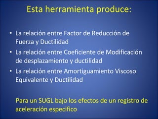 Esta herramienta produce: La relación entre Factor de Reducción de Fuerza y Ductilidad La relación entre Coeficiente de Modificación de desplazamiento y ductilidad La relación entre Amortiguamiento Viscoso Equivalente y Ductilidad Para un SUGL bajo los efectos de un registro de aceleración especifico