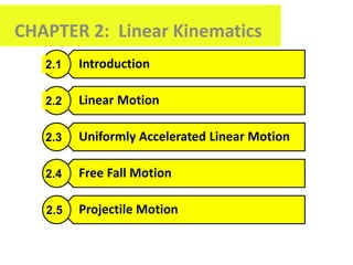 CHAPTER 2: Linear Kinematics
Introduction
Linear Motion
Uniformly Accelerated Linear Motion
Free Fall Motion
Projectile Motion
2.3
2.2
2.1
2.4
2.5
 