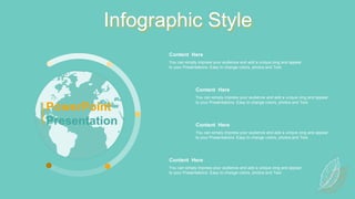 Infographic Style
Content Here
You can simply impress your audience and add a unique zing and appeal
to your Presentations. Easy to change colors, photos and Text.
Content Here
You can simply impress your audience and add a unique zing and appeal
to your Presentations. Easy to change colors, photos and Text.
Content Here
You can simply impress your audience and add a unique zing and appeal
to your Presentations. Easy to change colors, photos and Text.
Content Here
You can simply impress your audience and add a unique zing and appeal
to your Presentations. Easy to change colors, photos and Text.
PowerPoint
Presentation
 