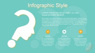 Infographic Style
Get a modern PowerPoint Presentation that is beautifully designed. Easy to change
colors, photos and Text. You can simply impress your audience and add a unique zing
and appeal to your Presentations. Get a modern PowerPoint Presentation that is
beautifully designed. Easy to change colors, photos and Text. You can simply impress
your audience and add a unique zing and appeal to your Presentations. Easy to
change colors, photos and Text.
Text Here
You can simply impress
your audience and add a
unique zing and appeal
to your Presentations.
Easy to change colors,
photos and Text.
Text Here
You can simply impress
your audience and add a
unique zing and appeal
to your Presentations.
Easy to change colors,
photos and Text.
Text Here
You can simply impress
your audience and add a
unique zing and appeal
to your Presentations.
Easy to change colors,
photos and Text.
LOREM IPSUM DOLOR SIT AMET, CU USU
AGAM INTEGRE IMPEDIT.
 