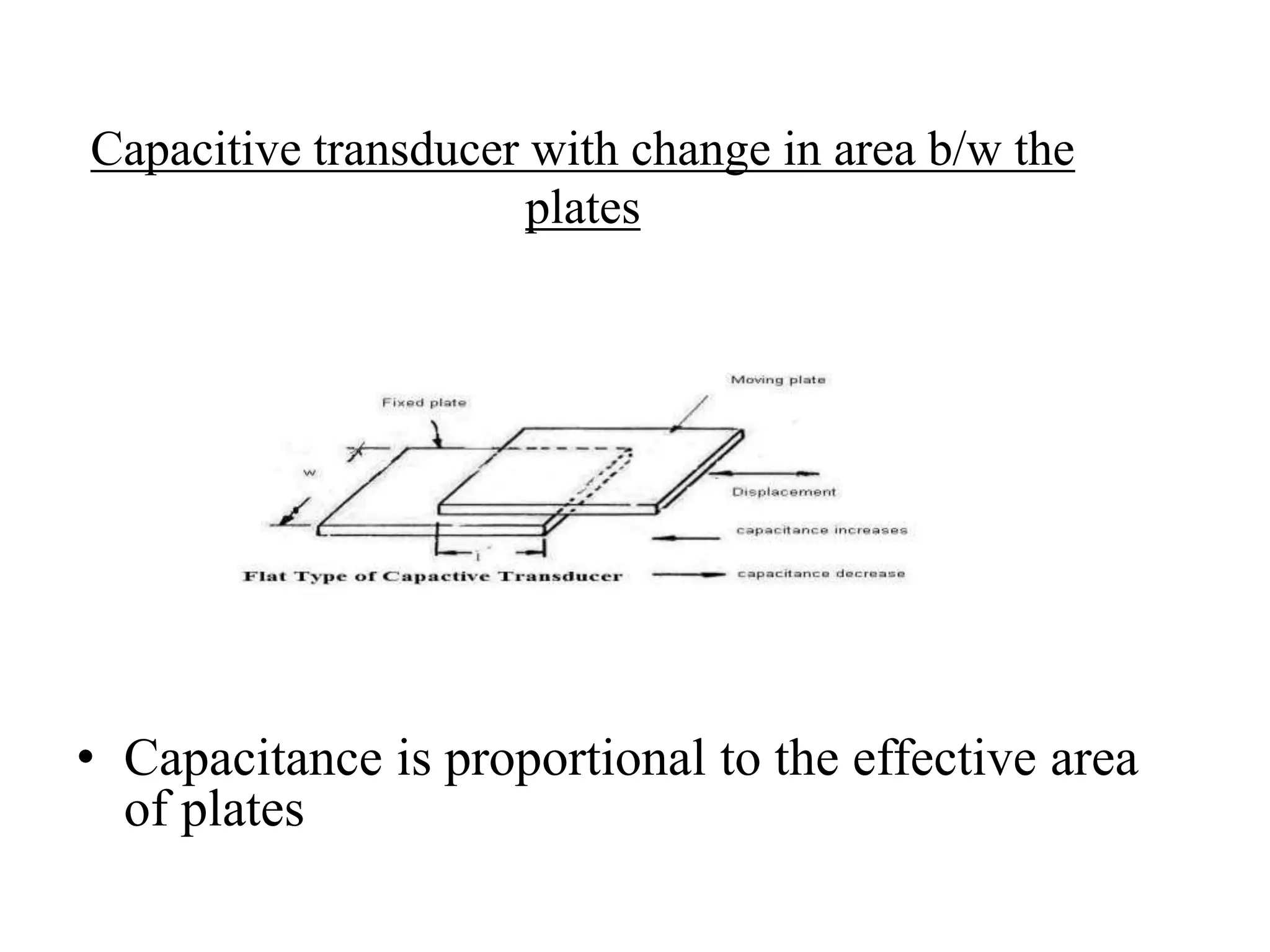Capacitive transducer with change in area b/w the 
plates 
• Capacitance is proportional to the effective area 
of plates 
 