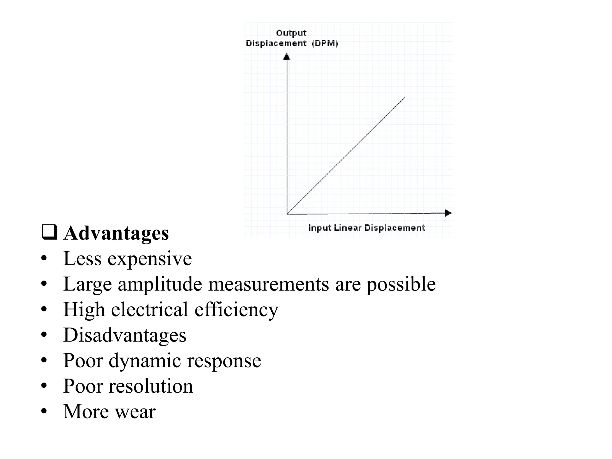  Advantages
• Less expensive
• Large amplitude measurements are possible
• High electrical efficiency
• Disadvantages
• Poor dynamic response
• Poor resolution
• More wear
 
