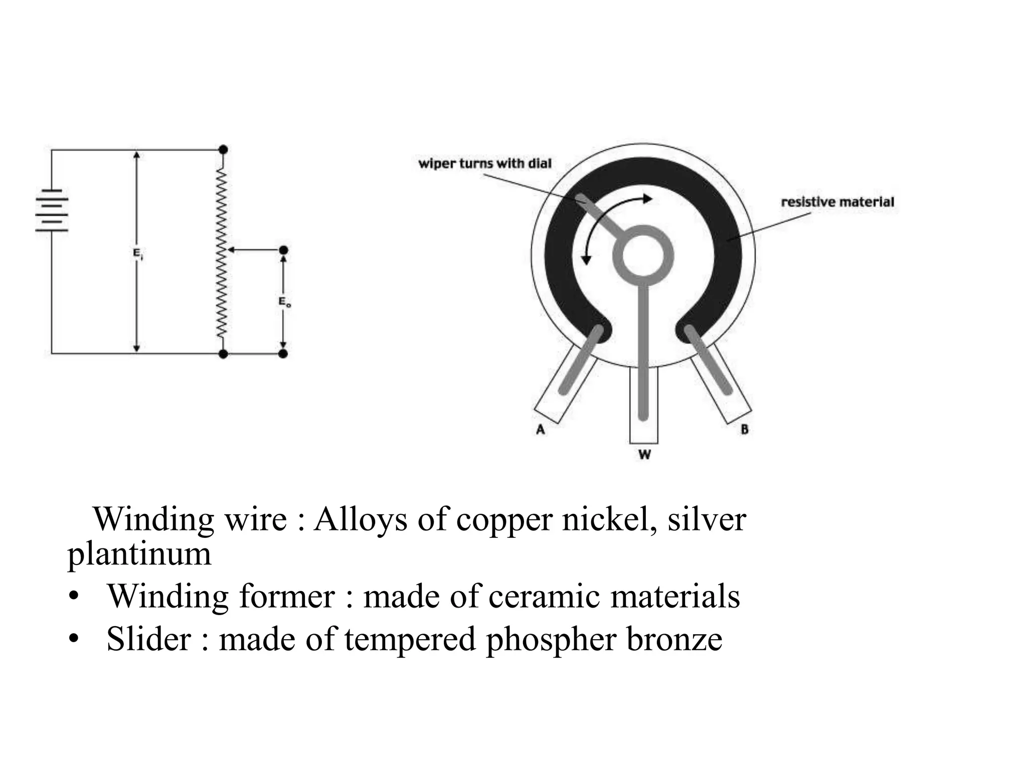 Winding wire : Alloys of copper nickel, silver
plantinum
• Winding former : made of ceramic materials
• Slider : made of tempered phospher bronze
 