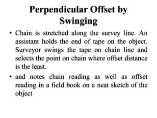 Perpendicular Offset by
Swinging
• Chain is stretched along the survey line. An
assistant holds the end of tape on the object.
Surveyor swings the tape on chain line and
selects the point on chain where offset distance
is the least.
• and notes chain reading as well as offset
reading in a field book on a neat sketch of the
object
 