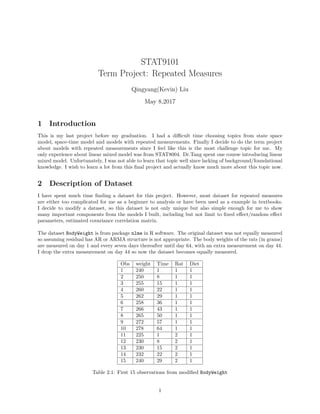 STAT9101
Term Project: Repeated Measures
Qingyang(Kevin) Liu
May 8,2017
1 Introduction
This is my last project before my graduation. I had a difficult time choosing topics from state space
model, space-time model and models with repeated measurements. Finally I decide to do the term project
about models with repeated measurements since I feel like this is the most challenge topic for me. My
only experience about linear mixed model was from STAT8004. Dr.Tang spent one course introducing linear
mixed model. Unfortunately, I was not able to learn that topic well since lacking of background/foundational
knowledge. I wish to learn a lot from this final project and actually know much more about this topic now.
2 Description of Dataset
I have spent much time finding a dataset for this project. However, most dataset for repeated measures
are either too complicated for me as a beginner to analysis or have been used as a example in textbooks.
I decide to modify a dataset, so this dataset is not only unique but also simple enough for me to show
many important components from the models I built, including but not limit to fixed effect/random effect
parameters, estimated covariance correlation matrix.
The dataset BodyWeight is from package nlme in R software. The original dataset was not equally measured
so assuming residual has AR or ARMA structure is not appropriate. The body weights of the rats (in grams)
are measured on day 1 and every seven days thereafter until day 64, with an extra measurement on day 44.
I drop the extra measurement on day 44 so now the dataset becomes equally measured.
Obs weight Time Rat Diet
1 240 1 1 1
2 250 8 1 1
3 255 15 1 1
4 260 22 1 1
5 262 29 1 1
6 258 36 1 1
7 266 43 1 1
8 265 50 1 1
9 272 57 1 1
10 278 64 1 1
11 225 1 2 1
12 230 8 2 1
13 230 15 2 1
14 232 22 2 1
15 240 29 2 1
Table 2.1: First 15 observations from modified BodyWeight
1
 