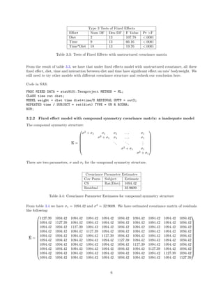 Type 3 Tests of Fixed Effects
Effect Num DF Den DF F Value Pr >F
Diet 2 13 107.78 <.0001
Time 9 13 66.16 <.0001
Time*Diet 18 13 19.76 <.0001
Table 3.3: Tests of Fixed Effects with unstructured covariance matrix
From the result of table 3.3, we have that under fixed effects model with unstructured covariance, all three
fixed effect, diet, time and interaction between diet and time have significant effect on rats’ bodyweight. We
still need to try other models with different covariance structure and recheck our conclusion here.
Code in SAS:
PROC MIXED DATA = stat9101.Termproject METHOD = ML;
CLASS time rat diet;
MODEL weight = diet time diet*time/S RESIDUAL OUTP = out2;
REPEATED time / SUBJECT = rat(diet) TYPE = UN R RCORR;
RUN;
3.2.2 Fixed effect model with compound symmetry covariance matrix: a inadequate model
The compound symmetry structure:
Σ =







σ2
+ σ1 σ1 σ1 . . . σ1
σ2
+ σ1 σ1 . . . σ1
...
...
...
σ2
+ σ1 σ1
σ2
+ σ1







There are two parameters, σ and σ1 for the compound symmetry structure.
Covariance Parameter Estimates
Cov Parm Subject Estimate
CS Rat(Diet) 1094.42
Residual 32.9609
Table 3.4: Covariance Parameter Estimates for compound symmetry structure
From table 3.4 we have σ1 = 1094.42 and σ2
= 32.9609. We have estimated covariance matrix of residuals
like following:
ˆΣ =
















1127.39 1094.42 1094.42 1094.42 1094.42 1094.42 1094.42 1094.42 1094.42 1094.42
1094.42 1127.39 1094.42 1094.42 1094.42 1094.42 1094.42 1094.42 1094.42 1094.42
1094.42 1094.42 1127.39 1094.42 1094.42 1094.42 1094.42 1094.42 1094.42 1094.42
1094.42 1094.42 1094.42 1127.39 1094.42 1094.42 1094.42 1094.42 1094.42 1094.42
1094.42 1094.42 1094.42 1094.42 1127.39 1094.42 1094.42 1094.42 1094.42 1094.42
1094.42 1094.42 1094.42 1094.42 1094.42 1127.39 1094.42 1094.42 1094.42 1094.42
1094.42 1094.42 1094.42 1094.42 1094.42 1094.42 1127.39 1094.42 1094.42 1094.42
1094.42 1094.42 1094.42 1094.42 1094.42 1094.42 1094.42 1127.39 1094.42 1094.42
1094.42 1094.42 1094.42 1094.42 1094.42 1094.42 1094.42 1094.42 1127.39 1094.42
1094.42 1094.42 1094.42 1094.42 1094.42 1094.42 1094.42 1094.42 1094.42 1127.39
















6
 
