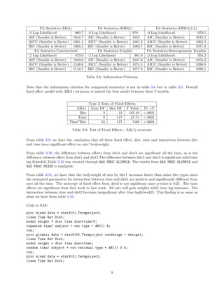Fit Statistics-AR(1) Fit Statistics-ARH(1) Fit Statistics-ARMA(1,1)
-2 Log Likelihood 980.7 -2 Log Likelihood 970 -2 Log Likelihood 979.5
AIC (Smaller is Better) 1044.7 AIC (Smaller is Better) 1052 AIC (Smaller is Better) 1045.5
AICC (Smaller is Better) 1061.3 AICC (Smaller is Better) 1081.2 AICC (Smaller is Better) 1063.3
BIC (Smaller is Better) 1069.4 BIC (Smaller is Better) 1083.7 BIC (Smaller is Better) 1071.0
Fit Statistics-Unstructured Fit Statistics-Toeplitz Fit Statistics-Heterogeneous Toeplitz
-2 Log Likelihood 879.0 -2 Log Likelihood 967.0 -2 Log Likelihood 954.3
AIC (Smaller is Better) 1049.0 AIC (Smaller is Better) 1047.0 AIC (Smaller is Better) 1052.3
AICC (Smaller is Better) 1246.6 AICC (Smaller is Better) 1074.5 AICC (Smaller is Better) 1096.8
BIC (Smaller is Better) 1114.7 BIC (Smaller is Better) 1077.9 BIC (Smaller is Better) 1090.1
Table 3.8: Information Criterion
Note that the information criterion for compound symmetry is not in table 3.8 but in table 3.5. Overall
fixed effect model with AR(1) structure is indeed the best model between these 7 models.
Type 3 Tests of Fixed Effects
Effect Num DF Den DF F Value Pr >F
Diet 2 13 105.10 <.0001
Time 9 117 27.71 <.0001
Time*Diet 18 117 5.69 <.0001
Table 3.9: Test of Fixed Effects - AR(1) structure
From table 3.9, we have the conclusion that all three fixed effect, diet, time and interaction between diet
and time have significant effect on rats’ bodyweight.
From table 3.10, the difference between effects from diet1 and diet3 are significant all the time, so is the
difference between effect from diet1 and diet2.The difference between diet2 and diet3 is significant until time
lag 8(week2).Table 3.10 was created through SAS PROC GLIMMIX. The results from SAS PROC GLIMMIX and
SAS PROC MIXED is negligible.
From table 3.11, we have that the bodyweight of rats by diet1 increases faster than other diet types since
the estimated parameters for interaction between time and diet1 are positive and significantly different from
zero all the time. The intercept of fixed effect from diet2 is not significant since p-value is 0.21. The time
effects are significant from first week to last week. All rats will gain weights while time lag increases. The
interaction between time and diet2 becomes insignificant after time lag8(week2). This finding is as same as
what we have from table 3.10.
Code in SAS:
proc mixed data = stat9101.Termproject;
class Time Rat Diet;
model weight = diet time diet*time/S;
repeated time/ subject = rat type = AR(1) R;
run;
proc glimmix data = stat9101.Termproject outdesign = design1;
class Time Rat Diet;
model weight = diet time diet*time;
random time/ subject = rat residual type = AR(1) S G;
run;
proc mixed data = stat9101.Termproject;
class Time Rat Diet;
9
 