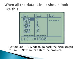 When all the data is in, it should look like this:Just hit 2nd --> Mode to go back the main screen to save it. Now, we can start the problem.