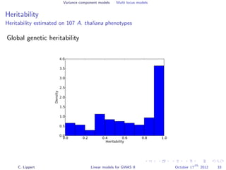 Variance component models Multi locus models
Heritability
Heritability estimated on 107 A. thaliana phenotypes
Global genetic heritability
0.0 0.2 0.4 0.6 0.8 1.0
Heritability
0.0
0.5
1.0
1.5
2.0
2.5
3.0
3.5
4.0Density
C. Lippert Linear models for GWAS II October 17
th
2012 33
 