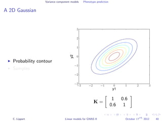 Variance component models Phenotype prediction
A 2D Gaussian
Probability contour
Samples
−3 −2 −1 0 1 2 3
y1
−3
−2
−1
0
1
2
3
y2
K =
1 0.6
0.6 1
C. Lippert Linear models for GWAS II October 17
th
2012 40
 