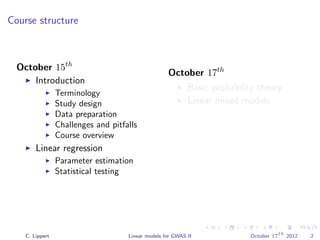Course structure
October 15th
Introduction
Terminology
Study design
Data preparation
Challenges and pitfalls
Course overview
Linear regression
Parameter estimation
Statistical testing
October 17th
Basic probability theory
Linear mixed models
Population structure
correction
Parameter estimation
Variance component
modeling
Phenotype prediction
C. Lippert Linear models for GWAS II October 17
th
2012 2
 