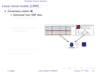Population structure correction
Linear mixed models (LMM)
Covariance matrix K
Estimated from SNP data
Kinship coeﬃcients
Identity by state
Identity by descent
Realized relationship
matrix (linear)
Sample random eﬀect u.
Sample phenotype y.
ATGACCTGAAACTGGGGGACTGACGTGGAACGGT
ATGACCTGCAACTGGGGGACTGACGTGCAACGGT
ATGACCTGCAACTGGGGGACTGACGTGCAACGGT
ATGACCTGAAACTGGGGGATTGACGTGGAACGGT
ATGACCTGCAACTGGGGGATTGACGTGCAACGGT
ATGACCTGCAACTGGGGGATTGACGTGCAACGGT
phenotype
SNPs
yyyyy
population structure
distance
family structure
cryptic relatedness
β
∼ N β ; σ2
e
K
y
X
X
X
C
C
C
T
T
T
C. Lippert Linear models for GWAS II October 17
th
2012 16
 