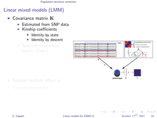 Population structure correction
Linear mixed models (LMM)
Covariance matrix K
Estimated from SNP data
Kinship coeﬃcients
Identity by state
Identity by descent
Realized relationship
matrix (linear)
Sample random eﬀect u.
Sample phenotype y.
ATGACCTGAAACTGGGGGACTGACGTGGAACGGT
ATGACCTGCAACTGGGGGACTGACGTGCAACGGT
ATGACCTGCAACTGGGGGACTGACGTGCAACGGT
ATGACCTGAAACTGGGGGATTGACGTGGAACGGT
ATGACCTGCAACTGGGGGATTGACGTGCAACGGT
ATGACCTGCAACTGGGGGATTGACGTGCAACGGT
phenotype
SNPs
yyyyy
population structure
distance
family structure
cryptic relatedness
β
∼ N β ; σ2
e
K
y
X
X
X
C
C
C
T
T
T
C. Lippert Linear models for GWAS II October 17
th
2012 16
 