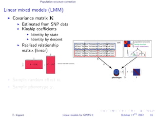 Population structure correction
Linear mixed models (LMM)
Covariance matrix K
Estimated from SNP data
Kinship coeﬃcients
Identity by state
Identity by descent
Realized relationship
matrix (linear)
Sample random eﬀect u.
Sample phenotype y.
ATGACCTGAAACTGGGGGACTGACGTGGAACGGT
ATGACCTGCAACTGGGGGACTGACGTGCAACGGT
ATGACCTGCAACTGGGGGACTGACGTGCAACGGT
ATGACCTGAAACTGGGGGATTGACGTGGAACGGT
ATGACCTGCAACTGGGGGATTGACGTGCAACGGT
ATGACCTGCAACTGGGGGATTGACGTGCAACGGT
phenotype
SNPs
yyyyy
population structure
distance
family structure
cryptic relatedness
β
∼ N β ; σ2
e
K
y
X
X
X
C
C
C
T
T
T
C. Lippert Linear models for GWAS II October 17
th
2012 16
 