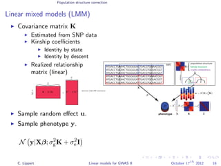 Population structure correction
Linear mixed models (LMM)
Covariance matrix K
Estimated from SNP data
Kinship coeﬃcients
Identity by state
Identity by descent
Realized relationship
matrix (linear)
Sample random eﬀect u.
Sample phenotype y.
N y|Xβ; σ2
gK + σ2
e I
ATGACCTGAAACTGGGGGACTGACGTGGAACGGT
ATGACCTGCAACTGGGGGACTGACGTGCAACGGT
ATGACCTGCAACTGGGGGACTGACGTGCAACGGT
ATGACCTGAAACTGGGGGATTGACGTGGAACGGT
ATGACCTGCAACTGGGGGATTGACGTGCAACGGT
ATGACCTGCAACTGGGGGATTGACGTGCAACGGT
phenotype
SNPs
yyyyy
population structure
distance
family structure
cryptic relatedness
u ∼ N(0; σ2
gK)
β
∼ N β ;
K
y
X
X
X
C
C
C
T
T
T
K
C. Lippert Linear models for GWAS II October 17
th
2012 16
 