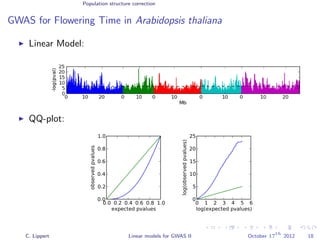 Population structure correction
GWAS for Flowering Time in Arabidopsis thaliana
Linear Model:
QQ-plot:
0.0 0.2 0.4 0.6 0.8 1.0
expected pvalues
0.0
0.2
0.4
0.6
0.8
1.0
observedpvalues
0 1 2 3 4 5 6
log(expected pvalues)
0
5
10
15
20
25
log(observedpvalues)
C. Lippert Linear models for GWAS II October 17
th
2012 18
 