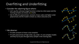 Overfitting and Underfitting
• Consider the adjoining figure where:
• Let’s say the unknown target function is close to a Sine wave and the
training samples are shown as x marks
• We fit different polynomials: constant, linear, cubic and higher order
polynomials and the model is shown as a blue coloured curve
• We observe:
• Fit with constant or linear is too simplistic
• Fit with polynomials of high order, say, order = 9, are complex models
and they try to pass through every sample in the training data.
Copyright 2016 JNResearch, All Rights Reserved
 