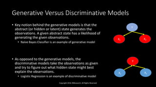 Generative Versus Discriminative Models
• Key notion behind the generative models is that the
abstract (or hidden or latent) state generates the
observations. A given abstract state has a likelihood of
generating the given observations.
• Naïve Bayes Classifier is an example of generative model
• As opposed to the generative models, the
discriminative models take the observations as given
and try to figure out what hidden state might best
explain the observations.
• Logistic Regression is an example of discriminative model
Copyright 2016 JNResearch, All Rights Reserved
Y
X1 X2
Y
X1 X2
 