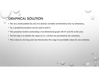 GRAPHICAL SOLUTION
• This very small problem has only two decision variables and therefore only two dimensions,
• So, a graphical procedure can be used to solve it.
• This procedure involves constructing a two-dimensional graph with X1 and X2 as the axes.
• The first step is to identify the values of (x1, x2) that are permitted by the restrictions.
• This is done by drawing each Line that borders the range of permissible values for one restriction.
 