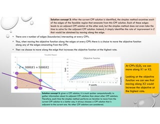 • There are n number of edges (boundaries) intersecting at every CPFs.
• Thus, when moving the objective function along the edges at every CPFs there is a choice to move the objective function
along any of the edges emanating from the CPFs.
• Then we choose to move along the edge that increases the objective function at the highest rate.
0
4.5
0
10
20
30
40
50
60
70
0 0.5 1 1.5 2 2.5 3 3.5 4 4.5 5 5.5 6 6.5 7 7.5 8 8.5
X2
quantity
Profit
X1 quantity
Objective function
𝑍 = 3000𝑋1 + 5000𝑋2
At CPFs (0,0), we can
move along X1 or X2.
Looking at the objective
function we can see that
moving along X2 would
increase the objective at
the highest rate.
Solution concept 3: given a CPF solution, it is much quicker computationally to
gather information about its adjacent CPF solutions than about other CPF solutions.
Therefore, each time the simplex method performs an iteration to move from the
current CPF solution to a better one, it always chooses a CPF solution that is
adjacent to the current one. No other CPF solutions are considered.
Solution concept 2: After the current CPF solution is identified, the simplex method examines each
of the edges of the feasible region that emanate from this CPF solution. Each of these edges
leads to an adjacent CPF solution at the other end, but the simplex method does not even take the
time to solve for the adjacent CPF solution. Instead, it simply identifies the rate of improvement in Z
that would be obtained by moving along the edge.
 