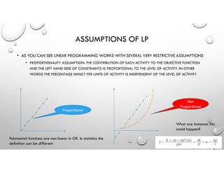 • AS YOU CAN SEE LINEAR PROGRAMMING WORKS WITH SEVERAL VERY RESTRICTIVE ASSUMPTIONS
• PROPORTIONALITY ASSUMPTION: THE CONTRIBUTION OF EACH ACTIVITY TO THE OBJECTIVE FUNCTION
AND THE LEFT HAND SIDE OF CONSTRAINTS IS PROPORTIONAL TO THE LEVEL OF ACTIVITY. IN OTHER
WORDS THE PERCENTAGE IMPACT PER UNITE OF ACTIVITY IS INDEPENDENT OF THE LEVEL OF ACTIVITY
Proportional
Not
Proportional
What are instances this
could happen?
Polynomial functions are non-linear in OR. In statistics the
definition can be different
ASSUMPTIONS OF LP
 