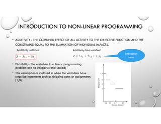 • ADDITIVITY : THE COMBINED EFFECT OF ALL ACTIVITY TO THE OBJECTIVE FUNCTION AND THE
CONSTRAINS EQUAL TO THE SUMMATION OF INDIVIDUAL IMPACTS.
INTRODUCTION TO NON-LINEAR PROGRAMMING
Additivity satisfied Additivity Not satisfied
• Divisibility: The variables in a linear programming
problem are no-integers (ratio scaled)
• This assumption is violated in when the variables have
stepwise increments such as shipping costs or assignments
(1,0)
Interaction
term
 