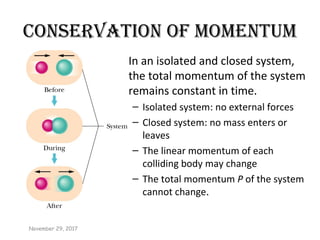 ConservatIon of momentum
• In an isolated and closed system,
the total momentum of the system
remains constant in time.
– Isolated system: no external forces
– Closed system: no mass enters or
leaves
– The linear momentum of each
colliding body may change
– The total momentum P of the system
cannot change..
November 29, 2017
 