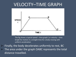 VELOCITY–TIME GRAPH
 Finally, the body decelerates uniformly to rest, BC
 The area under the graph OABC represents the total
distance travelled.
The fig shows a typical speed – time graph ( or velocity – time
Graph for motion in a straight line) for a body moving with
uniform acceleration
 