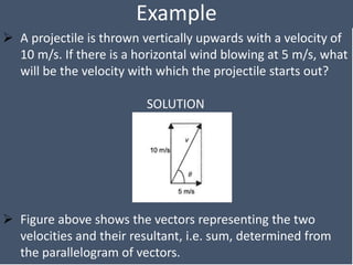 Example
 A projectile is thrown vertically upwards with a velocity of
10 m/s. If there is a horizontal wind blowing at 5 m/s, what
will be the velocity with which the projectile starts out?
SOLUTION
 Figure above shows the vectors representing the two
velocities and their resultant, i.e. sum, determined from
the parallelogram of vectors.
 