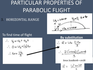PARTICULAR PROPERTIES OF
PARABOLIC FLIGHT
3. HORIZONTAL RANGE
To find time of flight
By substitution
Since 2cosθsinθ = sin2θ
θ
 