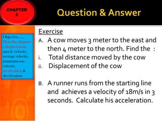 Objective……
Describe distance
, displacement,
speed, velocity,
average velocity,
instantaneous
velocity,
acceleration &
deceleration

Exercise
A. A cow moves 3 meter to the east and
then 4 meter to the north. Find the :
i. Total distance moved by the cow
ii. Displacement of the cow
B.

A runner runs from the starting line
and achieves a velocity of 18m/s in 3
seconds. Calculate his acceleration.

 