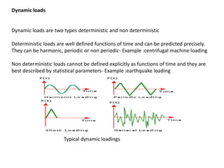 Dynamic loads

Dynamic loads are two types deterministic and non deterministic
Deterministic loads are well defined functions of time and can be predicted precisely.
They can be harmonic, periodic or non periodic- Example :centrifugal machine loading
Non deterministic loads cannot be defined explicitly as functions of time and they are
best described by statistical parameters- Example :earthquake loading

Typical dynamic loadings

 