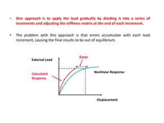 •

One approach is to apply the load gradually by dividing it into a series of
increments and adjusting the stiffness matrix at the end of each increment.

•

The problem with this approach is that errors accumulate with each load
increment, causing the final results to be out of equilibrium.

External Load

Calculated
Response

Error

Nonlinear Response

Displacement

 