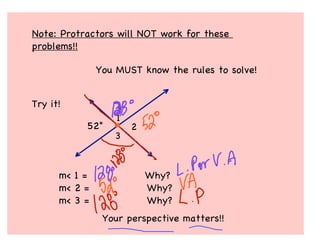Note: Protractors will NOT work for these
problems!!

               You MUST know the rules to solve!


Try it!
                   1
           52°         2
                  3



      m< 1 =               Why?
      m< 2 =               Why?
      m< 3 =               Why?
                Your perspective matters!!
 