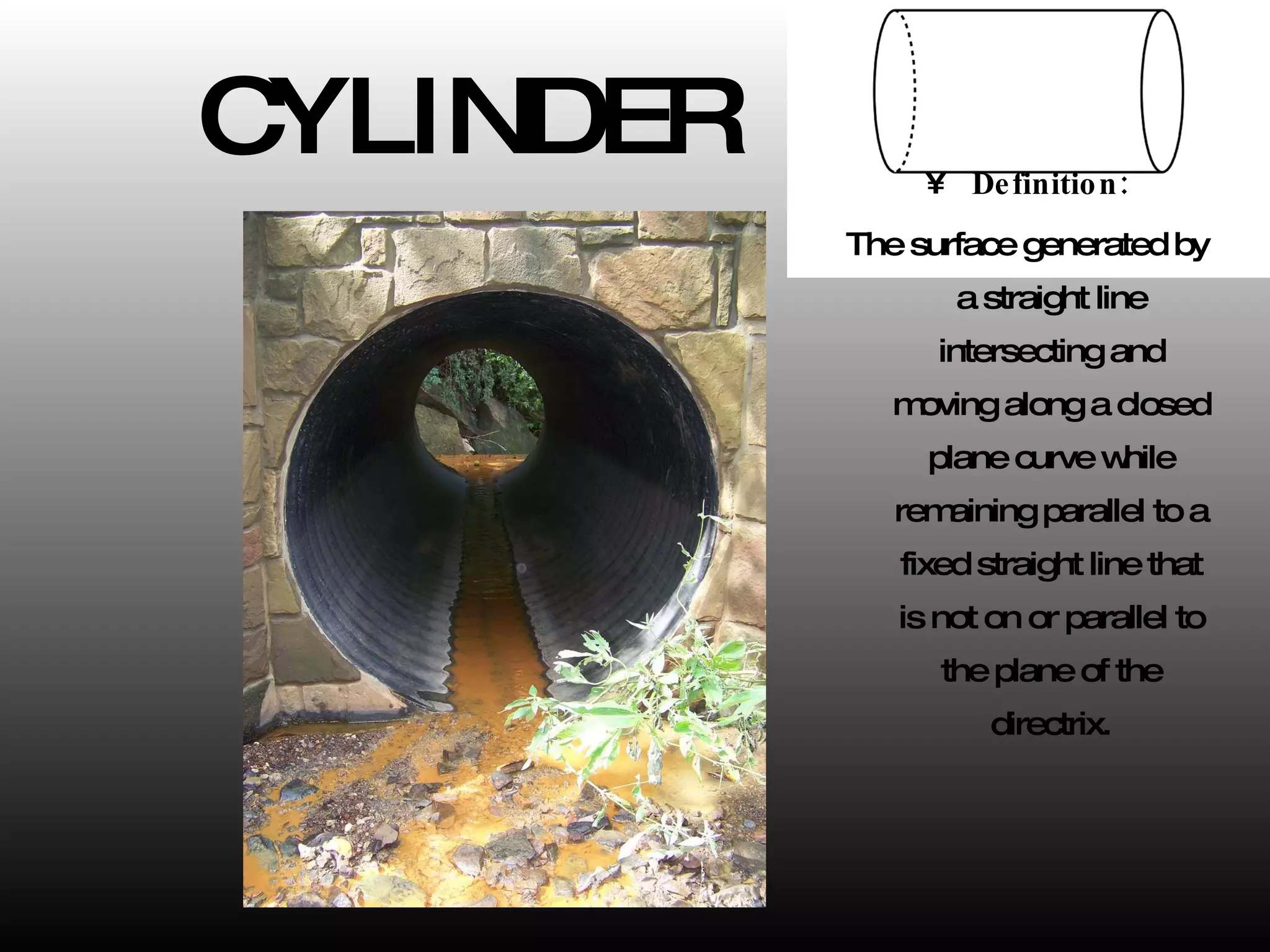 CYLINDER Definition: The surface generated by a straight line intersecting and moving along a closed plane curve while remaining parallel to a fixed straight line that is not on or parallel to the plane of the directrix. 