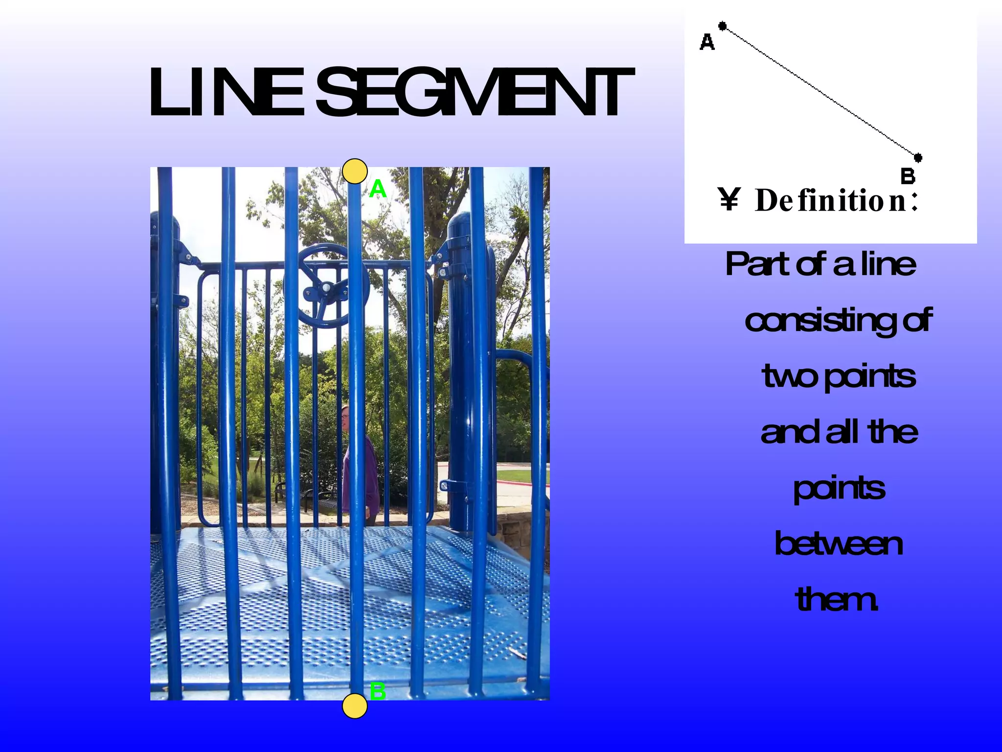 LINE SEGMENT Definition: Part of a line consisting of two points and all the points between them. A B 