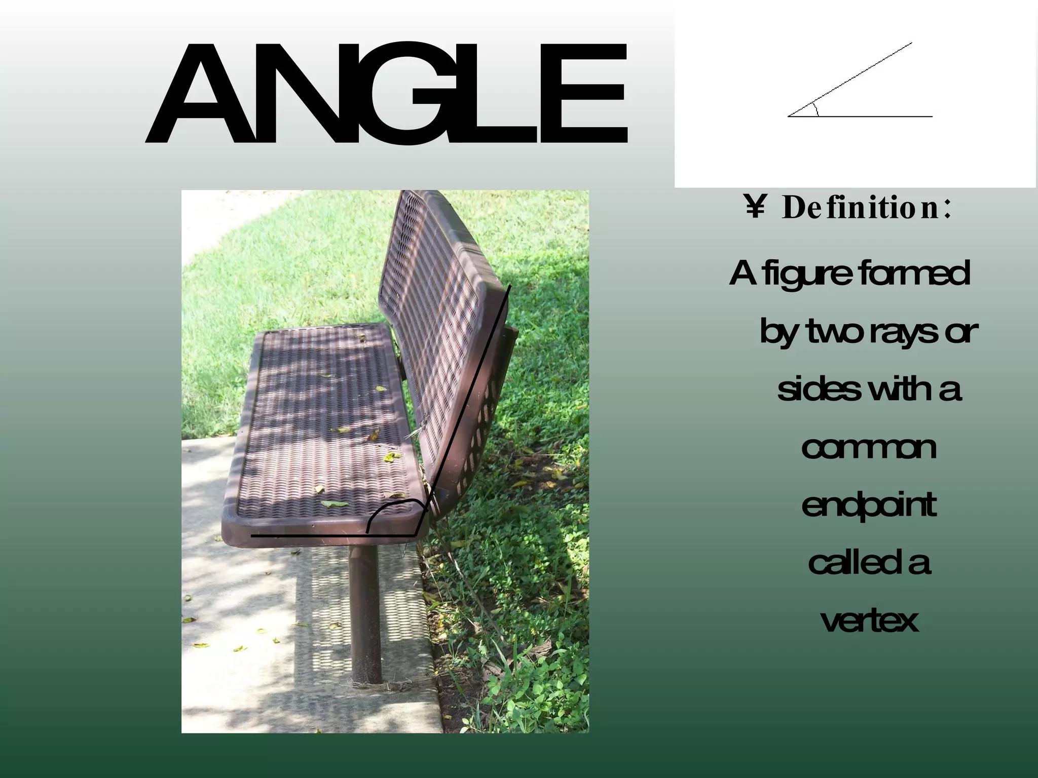 ANGLE Definition: A figure formed by two rays or sides with a common endpoint called a vertex 