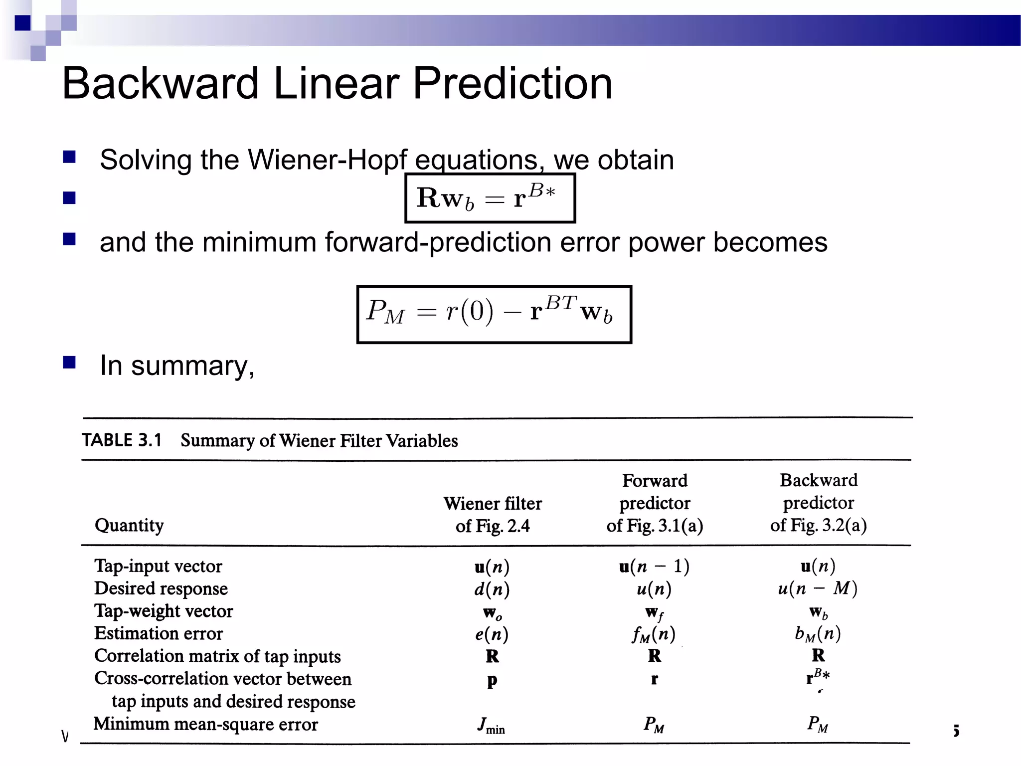 Backward Linear Prediction
   Solving the Wiener-Hopf equations, we obtain

   and the minimum forward-prediction error power becomes



   In summary,




Week 4                  ELE 774 - Adaptive Signal Processing   15
 
