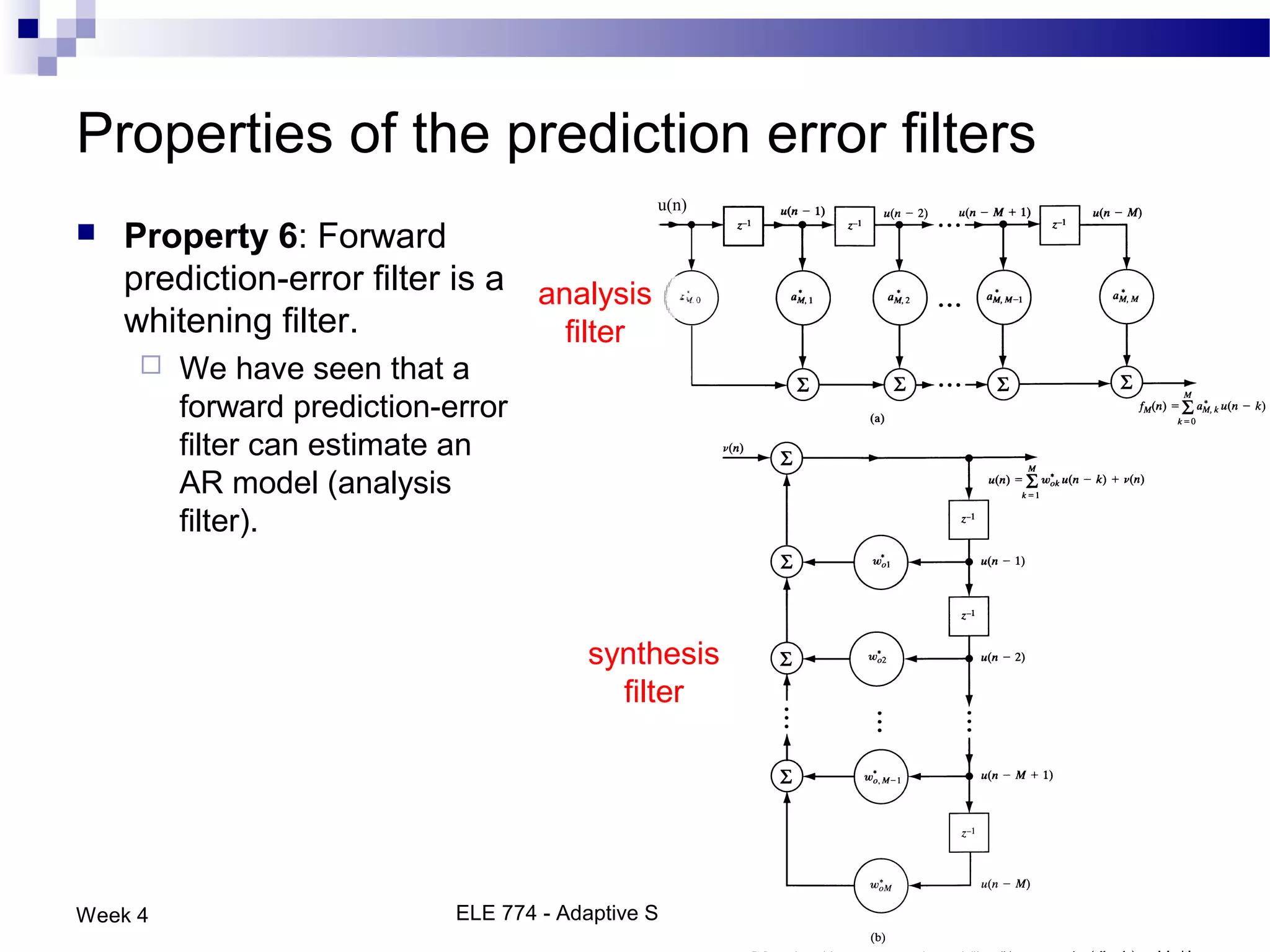 Properties of the prediction error filters
                                                 u(n)
   Property 6: Forward
    prediction-error filter is a analysis
    whitening filter.              filter
        We have seen that a
         forward prediction-error
         filter can estimate an
         AR model (analysis
         filter).



                                          synthesis
                                            filter




Week 4                       ELE 774 - Adaptive Signal Processing   32
 
