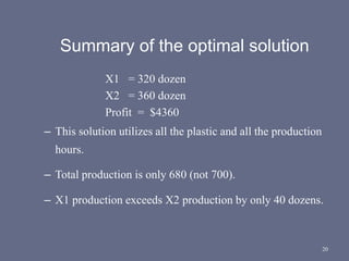 20
Summary of the optimal solution
X1 = 320 dozen
X2 = 360 dozen
Profit = $4360
– This solution utilizes all the plastic and all the production
hours.
– Total production is only 680 (not 700).
– X1 production exceeds X2 production by only 40 dozens.
 