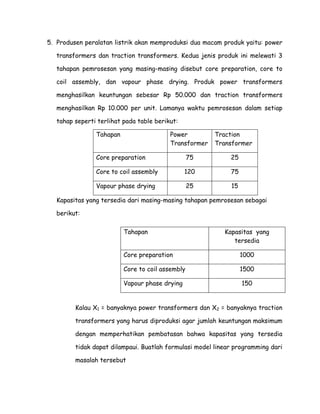 5. Produsen peralatan listrik akan memproduksi dua macam produk yaitu: power
transformers dan traction transformers. Kedua jenis produk ini melewati 3
tahapan pemrosesan yang masing-masing disebut core preparation, core to
coil assembly, dan vapour phase drying. Produk power transformers
menghasilkan keuntungan sebesar Rp 50.000 dan traction transformers
menghasilkan Rp 10.000 per unit. Lamanya waktu pemrosesan dalam setiap
tahap seperti terlihat pada table berikut:
Tahapan

Power
Transformer

Traction
Transformer

Core preparation

75

25

Core to coil assembly

120

75

Vapour phase drying

25

15

Kapasitas yang tersedia dari masing-masing tahapan pemrosesan sebagai
berikut:
Tahapan

Kapasitas yang
tersedia

Core preparation

1000

Core to coil assembly

1500

Vapour phase drying

150

Kalau X1 = banyaknya power transformers dan X2 = banyaknya traction
transformers yang harus diproduksi agar jumlah keuntungan maksimum
dengan memperhatikan pembatasan bahwa kapasitas yang tersedia
tidak dapat dilampaui. Buatlah formulasi model linear programming dari
masalah tersebut

 