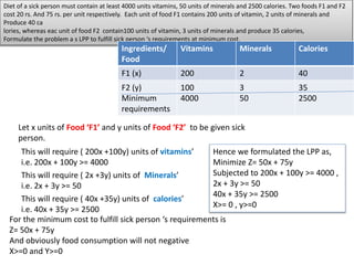 Diet of a sick person must contain at least 4000 units vitamins, 50 units of minerals and 2500 calories. Two foods F1 and F2
cost 20 rs. And 75 rs. per unit respectively. Each unit of food F1 contains 200 units of vitamin, 2 units of minerals and
Produce 40 ca
lories, whereas eac unit of food F2 contain100 units of vitamin, 3 units of minerals and produce 35 calories,
Formulate the problem a s LPP to fulfill sick person ‘s requirements at minimum cost.
Ingredients/
Food
Vitamins Minerals Calories
F1 (x) 200 2 40
F2 (y)
Minimum
requirements
100
4000
3
50
35
2500
Let x units of Food ‘F1’ and y units of Food ‘F2’ to be given sick
person.
This will require ( 200x +100y) units of vitamins’
i.e. 200x + 100y >= 4000
This will require ( 2x +3y) units of Minerals’
i.e. 2x + 3y >= 50
This will require ( 40x +35y) units of calories’
i.e. 40x + 35y >= 2500
For the minimum cost to fulfill sick person ‘s requirements is
Z= 50x + 75y
And obviously food consumption will not negative
X>=0 and Y>=0
Hence we formulated the LPP as,
Minimize Z= 50x + 75y
Subjected to 200x + 100y >= 4000 ,
2x + 3y >= 50
40x + 35y >= 2500
X>= 0 , y>=0
 