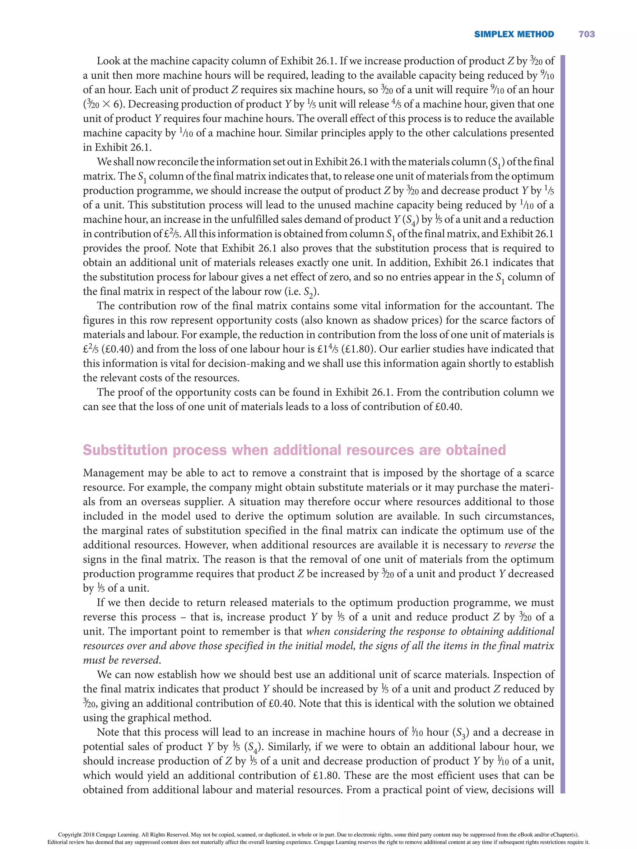SiMPLEX METHOD 703
Look at the machine capacity column of Exhibit 26.1. If we increase production of product Z by 3∙20 of
a unit then more machine hours will be required, leading to the available capacity being reduced by 9∙10
of an hour. Each unit of product Z requires six machine hours, so 3
∙20 of a unit will require 9∙10 of an hour
(3
∙20 3 6). Decreasing production of product Y by 1∙5 unit will release 4∙5 of a machine hour, given that one
unit of product Y requires four machine hours. The overall effect of this process is to reduce the available
machine capacity by 1∙10 of a machine hour. Similar principles apply to the other calculations presented
in Exhibit 26.1.
WeshallnowreconciletheinformationsetoutinExhibit26.1withthematerialscolumn(S1)ofthefinal
matrix. The S1 column of the final matrix indicates that, to release one unit of materials from the optimum
production programme, we should increase the output of product Z by 3
∙20 and decrease product Y by 1∙5
of a unit. This substitution process will lead to the unused machine capacity being reduced by 1∙10 of a
machine hour, an increase in the unfulfilled sales demand of product Y (S4) by 1
∙5 of a unit and a reduction
incontributionof£2∙5.AllthisinformationisobtainedfromcolumnS1 ofthefinalmatrix,andExhibit26.1
provides the proof. Note that Exhibit 26.1 also proves that the substitution process that is required to
obtain an additional unit of materials releases exactly one unit. In addition, Exhibit 26.1 indicates that
the substitution process for labour gives a net effect of zero, and so no entries appear in the S1 column of
the final matrix in respect of the labour row (i.e. S2).
The contribution row of the final matrix contains some vital information for the accountant. The
figures in this row represent opportunity costs (also known as shadow prices) for the scarce factors of
materials and labour. For example, the reduction in contribution from the loss of one unit of materials is
£2∙5 (£0.40) and from the loss of one labour hour is £14∙5 (£1.80). Our earlier studies have indicated that
this information is vital for decision-making and we shall use this information again shortly to establish
the relevant costs of the resources.
The proof of the opportunity costs can be found in Exhibit 26.1. From the contribution column we
can see that the loss of one unit of materials leads to a loss of contribution of £0.40.
Substitution process when additional resources are obtained
Management may be able to act to remove a constraint that is imposed by the shortage of a scarce
resource. For example, the company might obtain substitute materials or it may purchase the materi-
als from an overseas supplier. A situation may therefore occur where resources additional to those
included in the model used to derive the optimum solution are available. In such circumstances,
the marginal rates of substitution specified in the final matrix can indicate the optimum use of the
additional resources. However, when additional resources are available it is necessary to reverse the
signs in the final matrix. The reason is that the removal of one unit of materials from the optimum
production programme requires that product Z be increased by 3
∙20 of a unit and product Y decreased
by 1
∙5 of a unit.
If we then decide to return released materials to the optimum production programme, we must
reverse this process – that is, increase product Y by 1
∙5 of a unit and reduce product Z by 3
∙20 of a
unit. The important point to remember is that when considering the response to obtaining additional
resources over and above those specified in the initial model, the signs of all the items in the final matrix
must be reversed.
We can now establish how we should best use an additional unit of scarce materials. Inspection of
the final matrix indicates that product Y should be increased by 1
∙5 of a unit and product Z reduced by
3
∙20, giving an additional contribution of £0.40. Note that this is identical with the solution we obtained
using the graphical method.
Note that this process will lead to an increase in machine hours of 1
∙10 hour (S3) and a decrease in
potential sales of product Y by 1
∙5 (S4). Similarly, if we were to obtain an additional labour hour, we
should increase production of Z by 1
∙5 of a unit and decrease production of product Y by 1
∙10 of a unit,
which would yield an additional contribution of £1.80. These are the most efficient uses that can be
obtained from additional labour and material resources. From a practical point of view, decisions will
Copyright 2018 Cengage Learning. All Rights Reserved. May not be copied, scanned, or duplicated, in whole or in part. Due to electronic rights, some third party content may be suppressed from the eBook and/or eChapter(s).
Editorial review has deemed that any suppressed content does not materially affect the overall learning experience. Cengage Learning reserves the right to remove additional content at any time if subsequent rights restrictions require it.
 