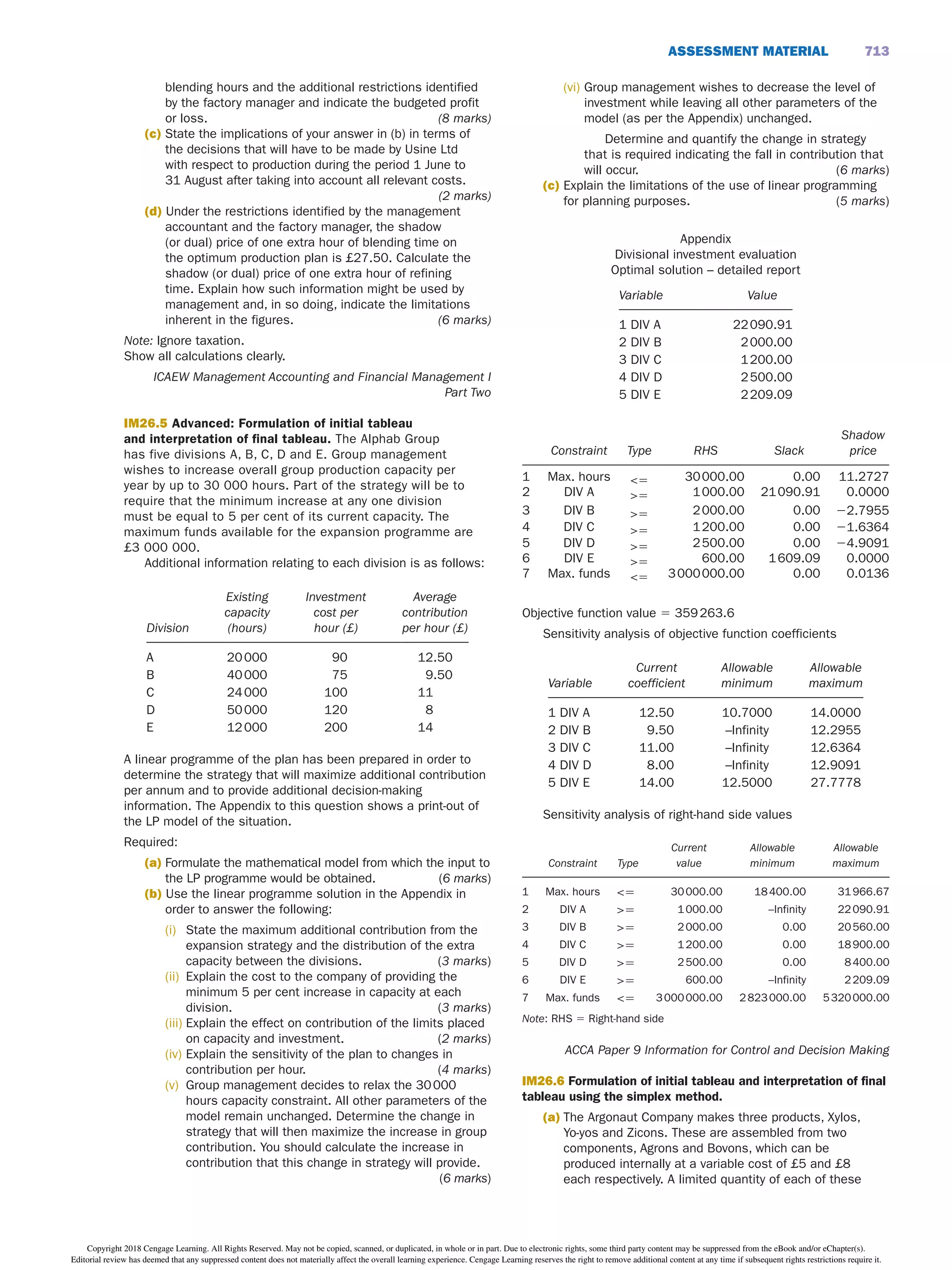 ASSESSMENT MATERiAL 713
blending hours and the additional restrictions identified
by the factory manager and indicate the budgeted profit
or loss. (8 marks)
(c) State the implications of your answer in (b) in terms of
the decisions that will have to be made by Usine Ltd
with respect to production during the period 1 June to
31 August after taking into account all relevant costs.
(2 marks)
(d) Under the restrictions identified by the management
accountant and the factory manager, the shadow
(or dual) price of one extra hour of blending time on
the optimum production plan is £27.50. Calculate the
shadow (or dual) price of one extra hour of refining
time. Explain how such information might be used by
management and, in so doing, indicate the limitations
inherent in the figures. (6 marks)
Note: Ignore taxation.
Show all calculations clearly.
ICAEW Management Accounting and Financial Management I
Part Two
iM26.5 Advanced: Formulation of initial tableau
and interpretation of final tableau. The Alphab Group
has five divisions A, B, C, D and E. Group management
wishes to increase overall group production capacity per
year by up to 30 000 hours. Part of the strategy will be to
require that the minimum increase at any one division
must be equal to 5 per cent of its current capacity. The
maximum funds available for the expansion programme are
£3 000 000.
Additional information relating to each division is as follows:
Division 
Existing
capacity
(hours)  
Investment
cost per
hour (£)  
Average
contribution
per hour (£)
A 20000   90   12.50
B 40000   75   9.50
C 24000   100   11
D 50000   120   8
E 12000   200   14
A linear programme of the plan has been prepared in order to
determine the strategy that will maximize additional contribution
per annum and to provide additional decision-making
information. The Appendix to this question shows a print-out of
the LP model of the situation.
Required:
(a) Formulate the mathematical model from which the input to
the LP programme would be obtained. (6 marks)
(b) Use the linear programme solution in the Appendix in
order to answer the following:
(i) State the maximum additional contribution from the
expansion strategy and the distribution of the extra
capacity between the divisions. (3 marks)
(ii) Explain the cost to the company of providing the
minimum 5 per cent increase in capacity at each
division. (3 marks)
(iii) Explain the effect on contribution of the limits placed
on capacity and investment. (2 marks)
(iv) Explain the sensitivity of the plan to changes in
contribution per hour. (4 marks)
(v) Group management decides to relax the 30000
hours capacity constraint. All other parameters of the
model remain unchanged. Determine the change in
strategy that will then maximize the increase in group
contribution. You should calculate the increase in
contribution that this change in strategy will provide.
(6 marks)
(vi) Group management wishes to decrease the level of
investment while leaving all other parameters of the
model (as per the Appendix) unchanged.
Determine and quantify the change in strategy
that is required indicating the fall in contribution that
will occur. (6 marks)
(c) Explain the limitations of the use of linear programming
for planning purposes. (5 marks)
Appendix
Divisional investment evaluation
Optimal solution – detailed report
Variable   Value
1 DIV A   22090.91
2 DIV B   2000.00
3 DIV C   1200.00
4 DIV D   2500.00
5 DIV E   2209.09
Constraint Type RHS Slack
Shadow
price
1 Max. hours   <=   30000.00   0.00   11.2727
2 DIV A >= 1000.00 21090.91 0.0000
3 DIV B >= 2000.00 0.00 22.7955
4 DIV C >= 1200.00 0.00 21.6364
5 DIV D >= 2500.00 0.00 24.9091
6 DIV E >= 600.00 1609.09 0.0000
7 Max. funds <= 3000000.00 0.00 0.0136
Objective function value = 359263.6
Sensitivity analysis of objective function coefficients
Variable  
Current
coefficient  
Allowable
minimum  
Allowable
maximum
1 DIV A   12.50   10.7000   14.0000
2 DIV B   9.50   –Infinity   12.2955
3 DIV C   11.00   –Infinity   12.6364
4 DIV D  8.00   –Infinity   12.9091
5 DIV E   14.00   12.5000   27.7778
Sensitivity analysis of right-hand side values
   
Constraint
 
Type
  Current
value
  Allowable
minimum
  Allowable
maximum
1  Max. hours  <5   30000.00   18400.00  31966.67
2  DIV A   >5   1000.00   –Infinity  22090.91
3  DIV B   >5   2000.00   0.00  20560.00
4  DIV C   >5   1200.00   0.00  18900.00
5  DIV D   >5   2500.00   0.00  8400.00
6  DIV E   >5   600.00   –Infinity  2209.09
7  Max. funds  <5   3000000.00   2823000.00  5320000.00
Note: RHS = Right-hand side
ACCA Paper 9 Information for Control and Decision Making
iM26.6 Formulation of initial tableau and interpretation of final
tableau using the simplex method.
(a) The Argonaut Company makes three products, Xylos,
Yo-yos and Zicons. These are assembled from two
components, Agrons and Bovons, which can be
produced internally at a variable cost of £5 and £8
each respectively. A limited quantity of each of these
Copyright 2018 Cengage Learning. All Rights Reserved. May not be copied, scanned, or duplicated, in whole or in part. Due to electronic rights, some third party content may be suppressed from the eBook and/or eChapter(s).
Editorial review has deemed that any suppressed content does not materially affect the overall learning experience. Cengage Learning reserves the right to remove additional content at any time if subsequent rights restrictions require it.
 