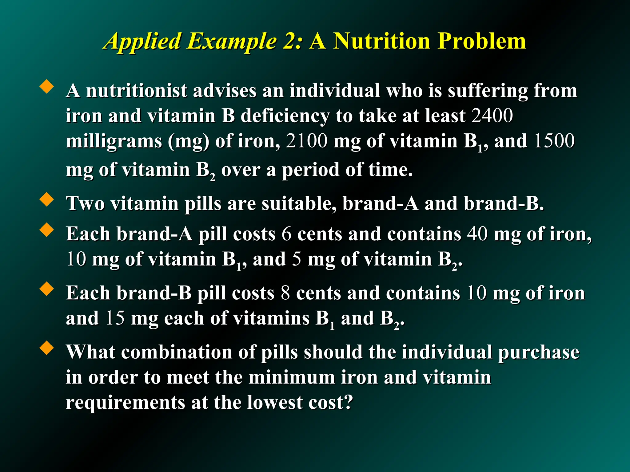 Applied Example 2:
Applied Example 2: A Nutrition Problem
A Nutrition Problem
 A nutritionist advises an individual who is suffering from
A nutritionist advises an individual who is suffering from
iron and vitamin B deficiency to take at least
iron and vitamin B deficiency to take at least 2400
2400
milligrams (mg) of iron,
milligrams (mg) of iron, 2100
2100 mg of vitamin B
mg of vitamin B1
1, and
, and 1500
1500
mg of vitamin B
mg of vitamin B2
2 over a period of time.
over a period of time.
 Two vitamin pills are suitable, brand-A and brand-B.
Two vitamin pills are suitable, brand-A and brand-B.
 Each brand-A pill costs
Each brand-A pill costs 6
6 cents and contains
cents and contains 40
40 mg of iron,
mg of iron,
10
10 mg of vitamin B
mg of vitamin B1
1, and
, and 5
5 mg of vitamin B
mg of vitamin B2
2.
.
 Each brand-B pill costs
Each brand-B pill costs 8
8 cents and contains
cents and contains 10
10 mg of iron
mg of iron
and
and 15
15 mg each of vitamins B
mg each of vitamins B1
1 and B
and B2
2.
.
 What combination of pills should the individual purchase
What combination of pills should the individual purchase
in order to meet the minimum iron and vitamin
in order to meet the minimum iron and vitamin
requirements at the lowest cost?
requirements at the lowest cost?
 
