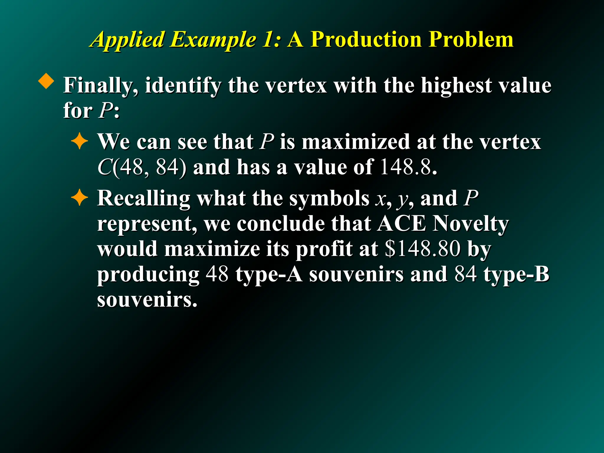 Applied Example 1:
Applied Example 1: A Production Problem
A Production Problem
 Finally, identify the vertex with the highest value
Finally, identify the vertex with the highest value
for
for P
P:
:
✦ We can see that
We can see that P
P is maximized at the vertex
is maximized at the vertex
C
C(48, 84)
(48, 84) and has a value of
and has a value of 148.8
148.8.
.
✦ Recalling what the symbols
Recalling what the symbols x
x,
, y
y, and
, and P
P
represent, we conclude that ACE Novelty
represent, we conclude that ACE Novelty
would maximize its profit at
would maximize its profit at $148.80
$148.80 by
by
producing
producing 48
48 type-A souvenirs and
type-A souvenirs and 84
84 type-B
type-B
souvenirs.
souvenirs.
 