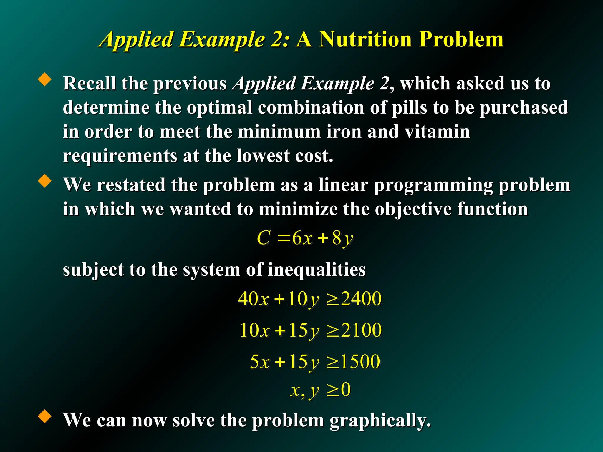 Applied Example 2:
Applied Example 2: A Nutrition Problem
A Nutrition Problem
 Recall the previous
Recall the previous Applied Example 2
Applied Example 2, which asked us to
, which asked us to
determine the optimal combination of pills to be purchased
determine the optimal combination of pills to be purchased
in order to meet the minimum iron and vitamin
in order to meet the minimum iron and vitamin
requirements at the lowest cost.
requirements at the lowest cost.
 We restated the problem as a linear programming problem
We restated the problem as a linear programming problem
in which we wanted to minimize the objective function
in which we wanted to minimize the objective function
subject to the system of inequalities
subject to the system of inequalities
 We can now solve the problem graphically.
We can now solve the problem graphically.
5 15 1500
x y
 
6 8
C x y
 
40 10 2400
x y
 
10 15 2100
x y
 
, 0
x y 
 